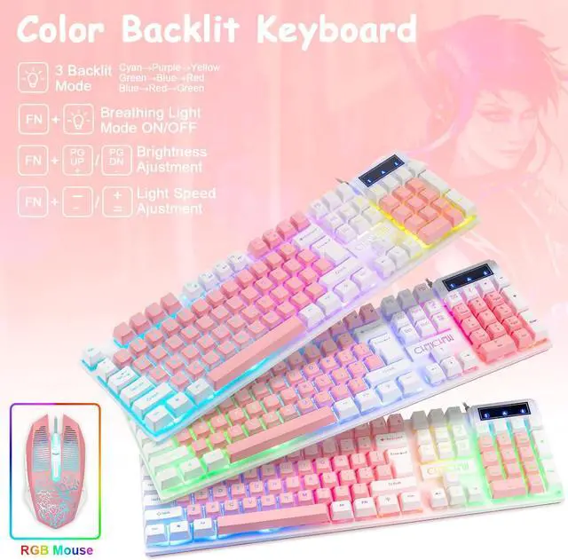 Alt view image 4 of 7 - CHONCHOW Cute Pink Gaming Keyboard and Mouse Combo for Girl, 3 Color Backlit, 19 Keys Anti-ghosting with Kawaii RGB Light Up Mouse for PC Laptop Mac Computer PS4 and PS5, Women Girl - White & Pink