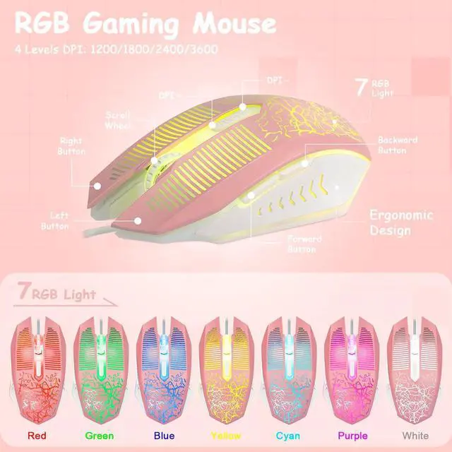 Alt view image 5 of 7 - CHONCHOW Cute Pink Gaming Keyboard and Mouse Combo for Girl, 3 Color Backlit, 19 Keys Anti-ghosting with Kawaii RGB Light Up Mouse for PC Laptop Mac Computer PS4 and PS5, Women Girl - White & Pink