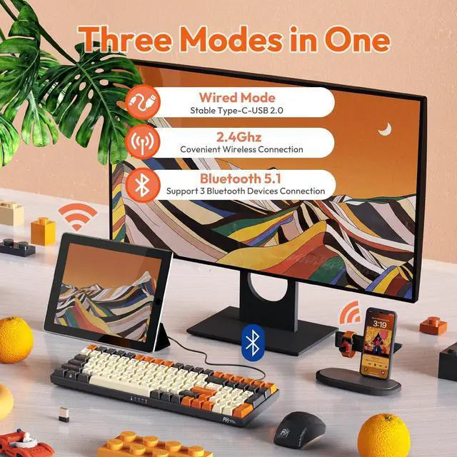 Alt view image 2 of 7 - RK ROYAL KLUDGE RK100 Wireless Mechanical Keyboard RGB Backlit Bluetooth5.1/2.4G/Wired 96% Full Size 100-Key Hot Swappable Gaming Keyboard Brown Switch Carbon