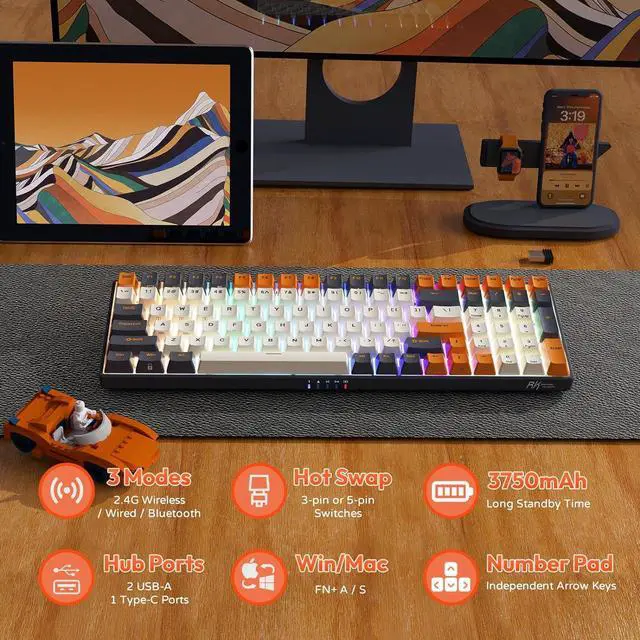 Alt view image 6 of 7 - RK ROYAL KLUDGE RK100 Wireless Mechanical Keyboard RGB Backlit Bluetooth5.1/2.4G/Wired 96% Full Size 100-Key Hot Swappable Gaming Keyboard Red Switch Carbon