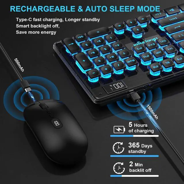 Alt view image 4 of 7 - Wireless Gaming Keyboard and Mouse Combo, Upgrade Battery Percentage Display, Rechargeable Slim Gaming Keyboard Mouse Set, Light Up Full-Size Keyboard Silent Mouse Set for Computer Laptop