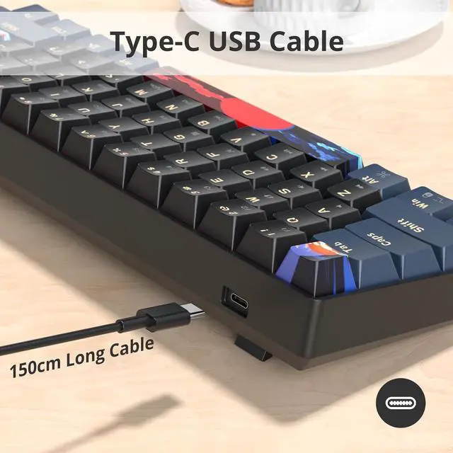 Alt view image 5 of 6 - surmen 60% Gaming Keyboard 60 Percent, Wired Mini Mechanical Keyboard with Linear Red Switches PBT Keycaps for PC Gamer Typist (Blue Samurai B/Rainbow Led)
