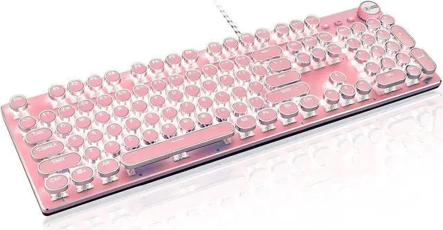 Main image of Typewriter Style Retro Wired Mechanical Gaming Keyboard, Vintage Steampunk with White LED Backlit, 104-Key Anti-Ghosting Blue Switch Cute Keyboard, Round Keycaps Knob Control for PC/Win/Mac/Laptop