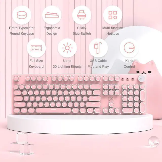 Alt view image 2 of 7 - Typewriter Style Retro Wired Mechanical Gaming Keyboard, Vintage Steampunk with White LED Backlit, 104-Key Anti-Ghosting Blue Switch Cute Keyboard, Round Keycaps Knob Control for PC/Win/Mac/Laptop