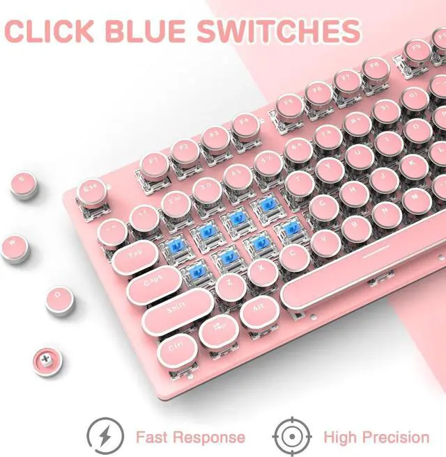 Alt view image 4 of 7 - Typewriter Style Retro Wired Mechanical Gaming Keyboard, Vintage Steampunk with White LED Backlit, 104-Key Anti-Ghosting Blue Switch Cute Keyboard, Round Keycaps Knob Control for PC/Win/Mac/Laptop