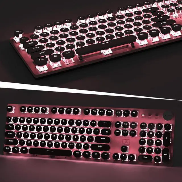Alt view image 5 of 7 - Typewriter Style Retro Wired Mechanical Gaming Keyboard, Vintage Steampunk with White LED Backlit, 104-Key Anti-Ghosting Blue Switch Cute Keyboard, Round Keycaps Knob Control for PC/Win/Mac/Laptop