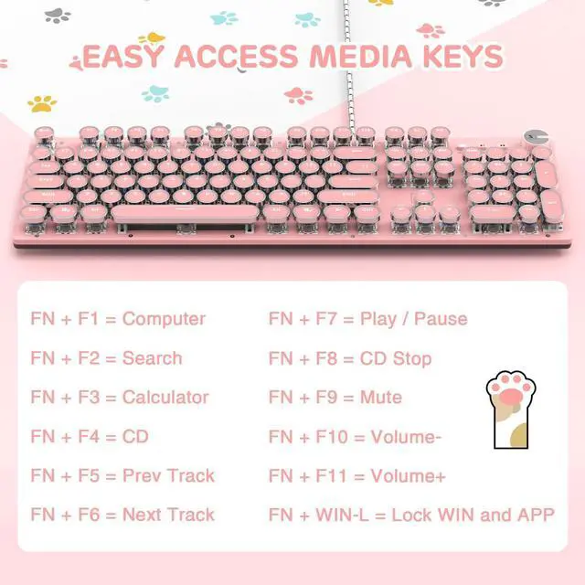 Alt view image 3 of 7 - Typewriter Style Retro Wired Mechanical Gaming Keyboard, Vintage Steampunk with White LED Backlit, 104-Key Anti-Ghosting Blue Switch Cute Keyboard, Round Keycaps Knob Control for PC/Win/Mac/Laptop