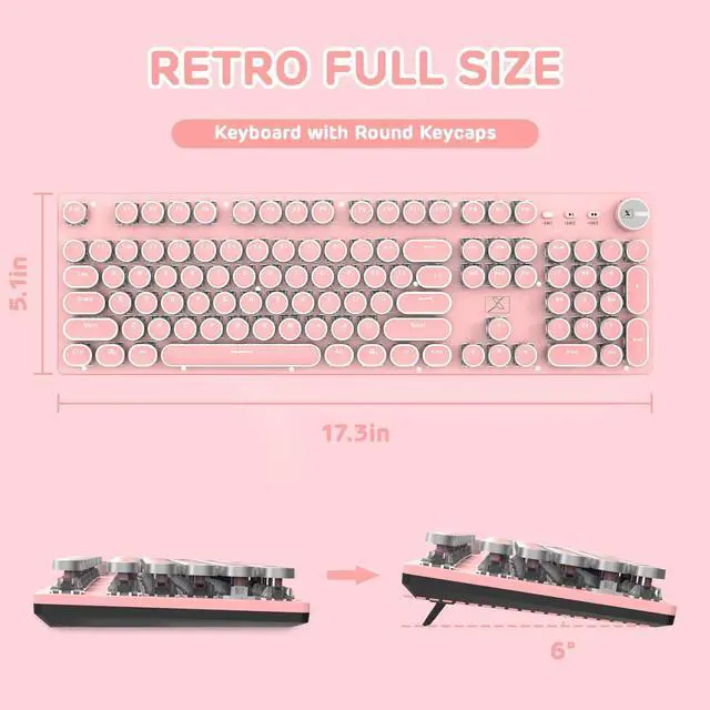 Alt view image 6 of 7 - Typewriter Style Retro Wired Mechanical Gaming Keyboard, Vintage Steampunk with White LED Backlit, 104-Key Anti-Ghosting Blue Switch Cute Keyboard, Round Keycaps Knob Control for PC/Win/Mac/Laptop