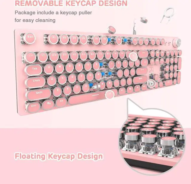 Alt view image 7 of 7 - Typewriter Style Retro Wired Mechanical Gaming Keyboard, Vintage Steampunk with White LED Backlit, 104-Key Anti-Ghosting Blue Switch Cute Keyboard, Round Keycaps Knob Control for PC/Win/Mac/Laptop