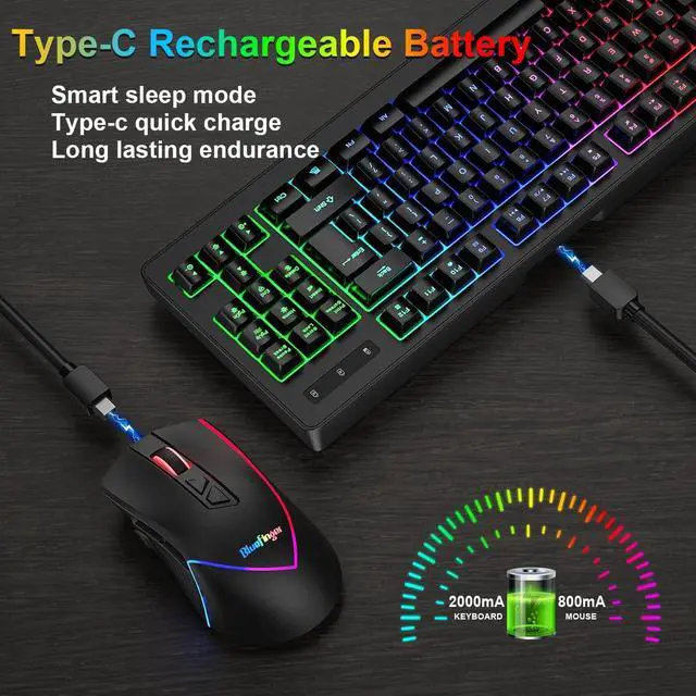 Alt view image 3 of 7 - BlueFinger Wireless Gaming Keyboard and Mouse Combo, RGB Rainbow Backlit Rechargeable Battery, 87 Keys TKL Light Up Keyboard with Ergonomic Gaming Mouse for Mac Laptop Computer PC Gamer