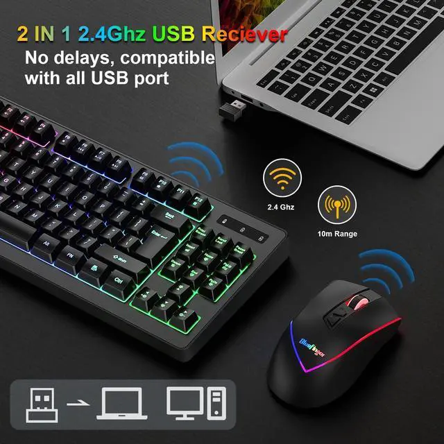 Alt view image 4 of 7 - BlueFinger Wireless Gaming Keyboard and Mouse Combo, RGB Rainbow Backlit Rechargeable Battery, 87 Keys TKL Light Up Keyboard with Ergonomic Gaming Mouse for Mac Laptop Computer PC Gamer