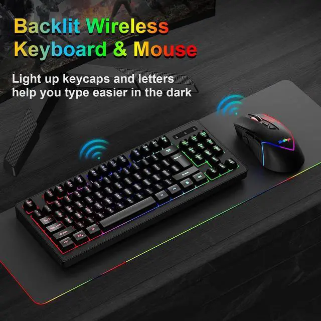 Alt view image 7 of 7 - BlueFinger Wireless Gaming Keyboard and Mouse Combo, RGB Rainbow Backlit Rechargeable Battery, 87 Keys TKL Light Up Keyboard with Ergonomic Gaming Mouse for Mac Laptop Computer PC Gamer