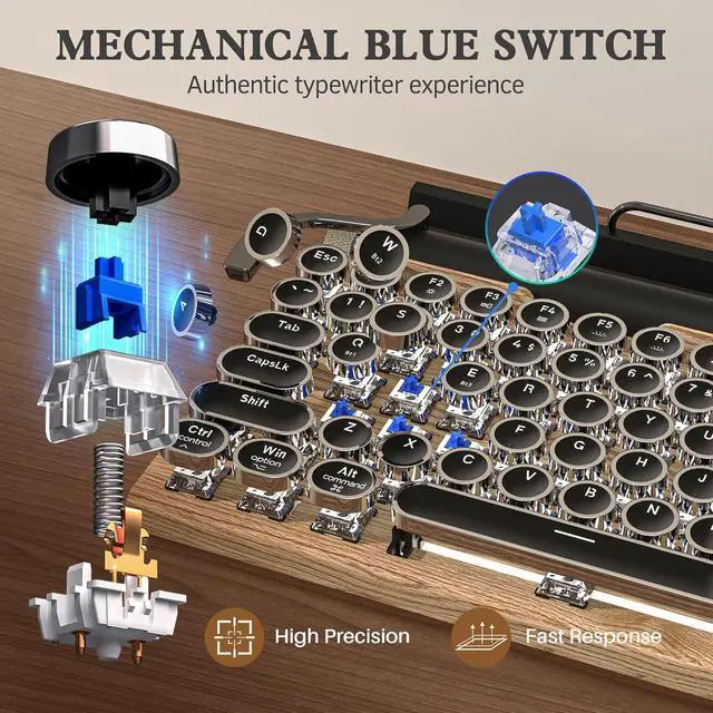 Alt view image 2 of 7 - Retro Typewriter Wireles Mechanical Keyboard, Bluetooth 5.0 Office Computer Vintage Keyboards 83-Key Blue Switches Punk Round Keycap, LED Backlight, Type-C, Compatible with PC/Laptop/Pad/Phone, Wood