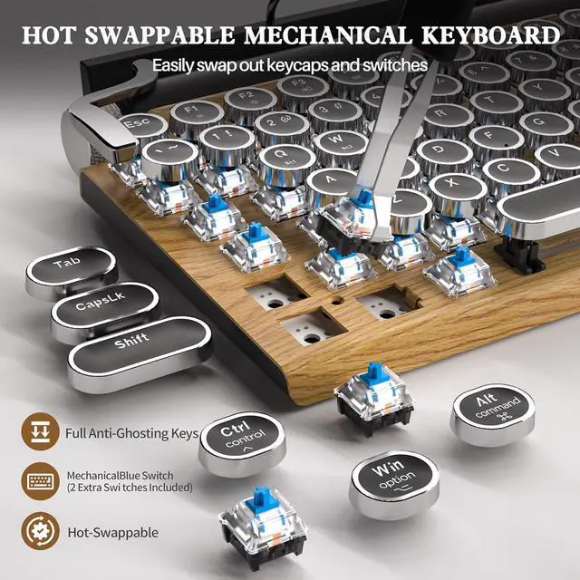 Alt view image 3 of 7 - Retro Typewriter Wireles Mechanical Keyboard, Bluetooth 5.0 Office Computer Vintage Keyboards 83-Key Blue Switches Punk Round Keycap, LED Backlight, Type-C, Compatible with PC/Laptop/Pad/Phone, Wood