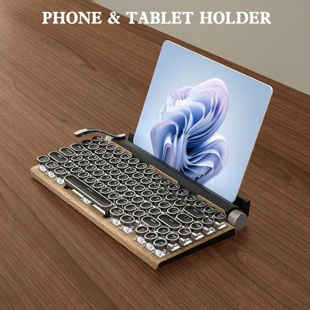 Alt view image 6 of 7 - Retro Typewriter Wireles Mechanical Keyboard, Bluetooth 5.0 Office Computer Vintage Keyboards 83-Key Blue Switches Punk Round Keycap, LED Backlight, Type-C, Compatible with PC/Laptop/Pad/Phone, Wood