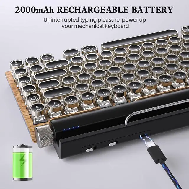 Alt view image 7 of 7 - Retro Typewriter Wireles Mechanical Keyboard, Bluetooth 5.0 Office Computer Vintage Keyboards 83-Key Blue Switches Punk Round Keycap, LED Backlight, Type-C, Compatible with PC/Laptop/Pad/Phone, Wood