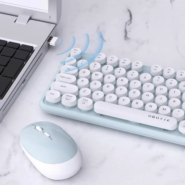 Alt view image 4 of 7 - UBOTIE Colorful Computer Wireless Keyboard Mouse Combos, Typewriter Flexible Keys Office Full-Sized Keyboard, 2.4GHz Dropout-Free Connection and Optical Mouse (Green-White)