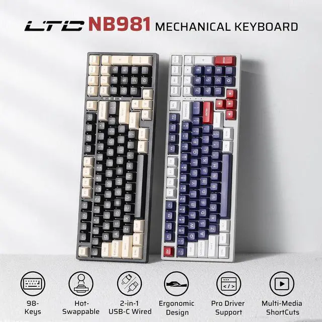 Alt view image 2 of 7 - LTC NB981 Nimbleback 98 Keys Wired Mechanical Keyboard, 96% Gaming Keyboard w/White Backlit, Red Switch, Mecha Blue