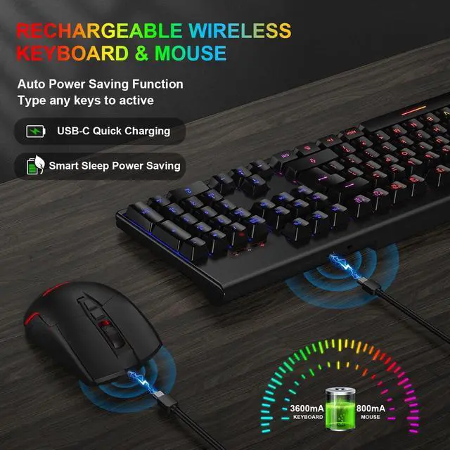 Alt view image 3 of 7 - Wireless Gaming Keyboard and Mouse Combo- BlueFinger RGB Backlit Rechargeable 3200mAh Battery Keyboard, Ergonomic Gaming Mouse for Xbox PS4 PS5 PC Laptop