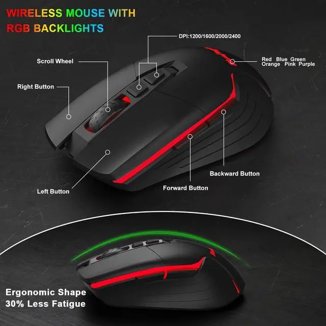 Alt view image 6 of 7 - Wireless Gaming Keyboard and Mouse Combo- BlueFinger RGB Backlit Rechargeable 3200mAh Battery Keyboard, Ergonomic Gaming Mouse for Xbox PS4 PS5 PC Laptop