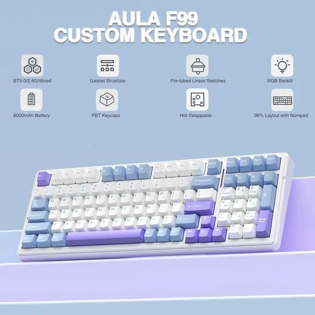 Alt view image 2 of 7 - AULA F99 Wireless Mechanical Keyboard,Tri-Mode BT5.0/2.4GHz/USB-C Hot Swappable Custom Keyboard,Pre-lubed Linear Switches,Gasket Structure,RGB Backlit Gaming Keyboard for PC/Tablet/Xbox/PS4/PS5