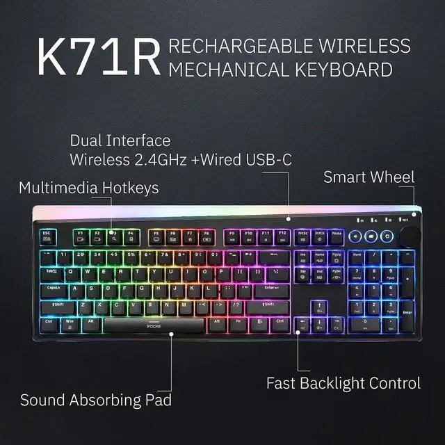 Alt view image 2 of 7 - iRocks K71R Wireless RGB Mechanical Gaming Keyboard, Switches Brown,PBT 107 Keys NKRO,RGB Backlit,Pro Keyboard for Gaming and Work,Dual Interface Wireless & Wired, Windows Laptop PC Mac,Black