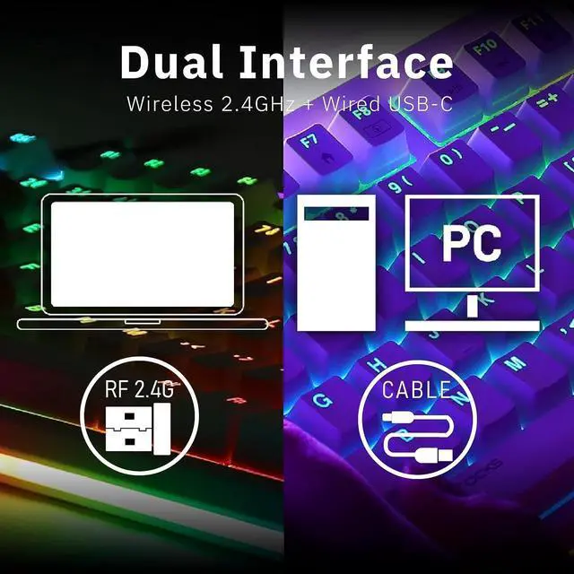 Alt view image 3 of 7 - iRocks K71R Wireless RGB Mechanical Gaming Keyboard, Switches Brown,PBT 107 Keys NKRO,RGB Backlit,Pro Keyboard for Gaming and Work,Dual Interface Wireless & Wired, Windows Laptop PC Mac,Black