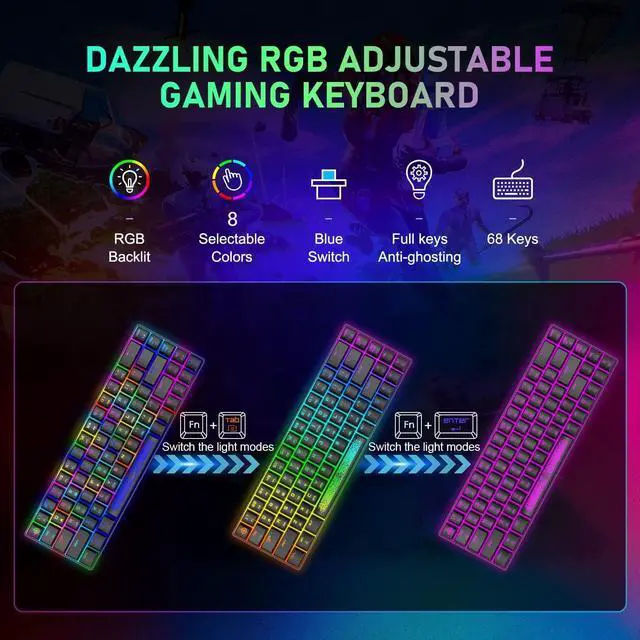 Alt view image 4 of 7 - 60% Gaming Keyboard and Mouse Combo,Magic-Refiner Wired Mechanical Keyboard with Chroma RGB Backlit,Full NKRO+Ergonomic Honeycomb Rainbow Led Gaming Mice for PC/Win/Mac (Black/Blue Switch)