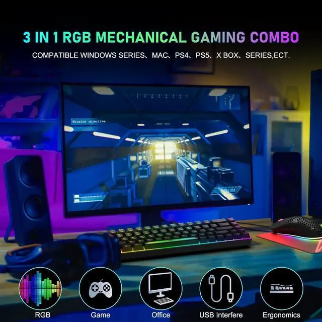 Alt view image 2 of 7 - 60% Gaming Keyboard and Mouse Combo,Magic-Refiner Wired Mechanical Keyboard with Chroma RGB Backlit,Full NKRO+Ergonomic Honeycomb Rainbow Led Gaming Mice for PC/Win/Mac (Black/Blue Switch)