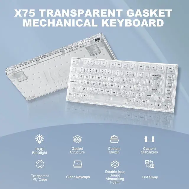 Alt view image 2 of 7 - YUNZII X75 82 Key Hot Swappable Mechanical Keyboard with Transparent Keycaps, 75% Layout Gasket Mount RGB Backlit for Windows/Mac (Wired -White, Crystal White Switch)
