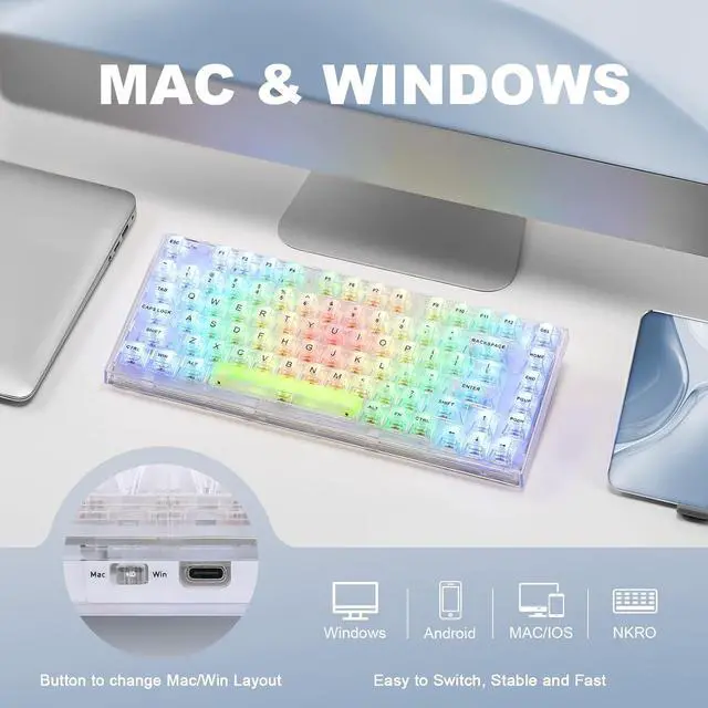 Alt view image 6 of 7 - YUNZII X75 82 Key Hot Swappable Mechanical Keyboard with Transparent Keycaps, 75% Layout Gasket Mount RGB Backlit for Windows/Mac (Wired -White, Crystal White Switch)