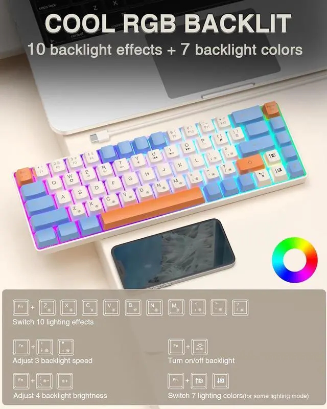 Alt view image 2 of 7 - 60 Percent Keyboard,Small Gaming Keyboard USB-C Wired,Portable 68 Keys Compact RGB Backlit Mini Keyboards for Business Trips,Office,PC Games (SK968,Blue&Orange)