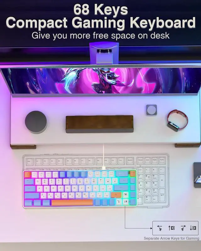 Alt view image 3 of 7 - 60 Percent Keyboard,Small Gaming Keyboard USB-C Wired,Portable 68 Keys Compact RGB Backlit Mini Keyboards for Business Trips,Office,PC Games (SK968,Blue&Orange)