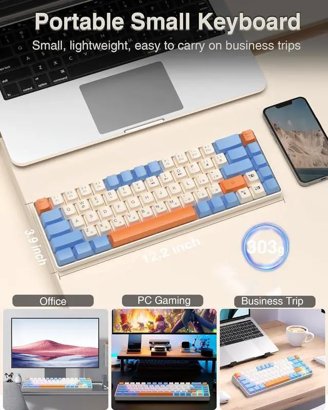 Alt view image 5 of 7 - 60 Percent Keyboard,Small Gaming Keyboard USB-C Wired,Portable 68 Keys Compact RGB Backlit Mini Keyboards for Business Trips,Office,PC Games (SK968,Blue&Orange)