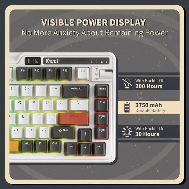 Alt view image 7 of 7 - KZZI K75 PRO RGB 75% Wireless Gasket Mechanical Keyboard, Triple Mode BT5.0/2.4G/USB-C 82 Keys Hot Swappable Gaming Keyboard w/Knob & Power Display, Custom Tactile Switches, Black White