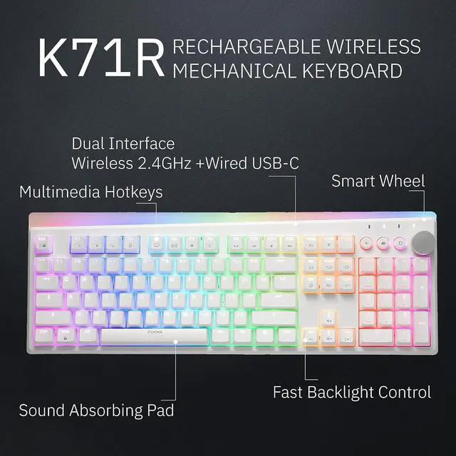 Alt view image 2 of 7 - iRocks K71R Wireless RGB Mechanical Gaming Keyboard,Brown Switches,PBT 107 Keys NKRO,RGB Backlit, Pro Keyboard for Gaming and Work,Dual Interface Wireless & Wired, Windows Laptop PC Mac,White