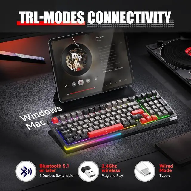Alt view image 2 of 6 - KEMOVE K98 Wireless Gaming Mechanical Keyboard with BT5.0/2.4G/Type-C,RGB Backlight,98 Keys Hot-Swappable,4000mAh Massive Battery,Software Support,Diamond Silence Red Switch