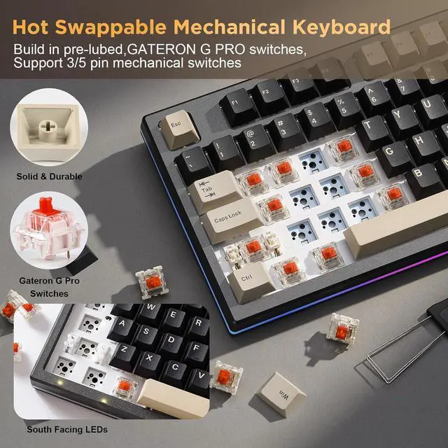 Alt view image 5 of 7 - YUNZII YZ75 75% Hot Swappable Wireless Gaming Mechanical Keyboard, RGB Backlights, BT5.0/2.4G/USB-C, Dye Sub PBT Keycaps for Linux/Win/Mac (Black, Gateron G Pro Yellow)