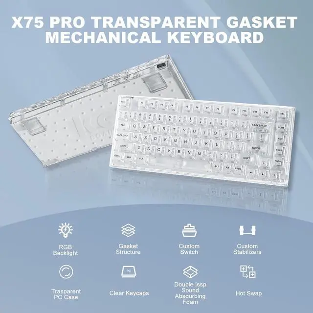 Alt view image 2 of 7 - YUNZII X75 PRO 82 Key Wireless Hot Swappable Mechanical Gaming Keyboard with Transparent Keycaps,Gasket Mount,BT5.0/2.4G/USB-C for Windows/Mac(Crystal White Switch, Wireless-White)