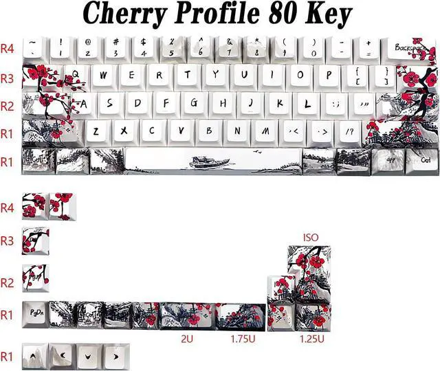 Alt view image 6 of 7 - JSJT Custom Keycap Set Keycaps 60 Percent,Plum Blossom Key caps PBT Dye-Sublimation Cherry Profile Keycap 80 Keys for 61/64/67/68 Cherry MX Switches Mechanical Keyboards