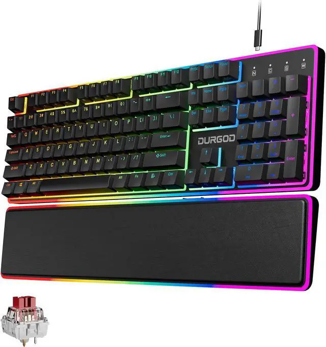 Main image of DURGOD TGK021 Mechanical Gaming Keyboard, 104 Keys Wired Keyboard with Magnetic Wrist Rest, RGB Backlit, Hot Swappable Linear Red Switch for PC/Mac/Laptop, Fully Anti-ghosting, Multimedia Keys