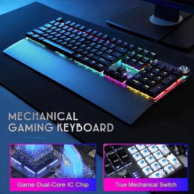 Alt view image 2 of 7 - AULA F2088 Mechanical Gaming Keyboard, with RGB Rainbow Backlit, Volume/Lights Control Knob, Magnetic Wrist Rest, 104 Keys Anti-Ghosting USB Wired Computer Keyboard for Windows Gaming PC (Blue Switch)