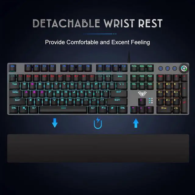 Alt view image 3 of 7 - AULA F2088 Mechanical Gaming Keyboard, with RGB Rainbow Backlit, Volume/Lights Control Knob, Magnetic Wrist Rest, 104 Keys Anti-Ghosting USB Wired Computer Keyboard for Windows Gaming PC (Blue Switch)