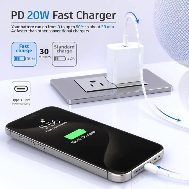 Alt view image 3 of 7 - Type C Fast Charger, for iPhone 16 Charger, 20W Fast Charging Block, USB C Plug Cable Cord 6.6ft for iPhone 16, 16 Plus, 15, 15 Plus, 15 Pro, 15 Pro Max, iPad Pro 11/12.9, Galaxy S24, S23, S22, 2Pack