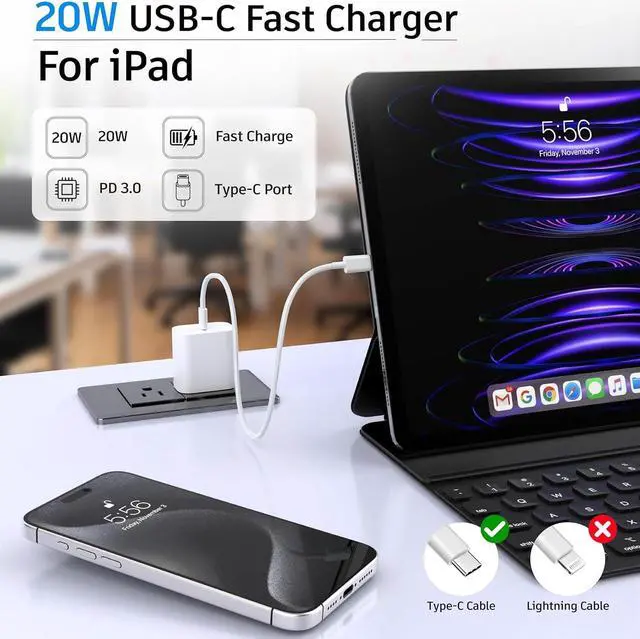Alt view image 4 of 7 - Type C Fast Charger, for iPhone 16 Charger, 20W Fast Charging Block, USB C Plug Cable Cord 6.6ft for iPhone 16, 16 Plus, 15, 15 Plus, 15 Pro, 15 Pro Max, iPad Pro 11/12.9, Galaxy S24, S23, S22, 2Pack