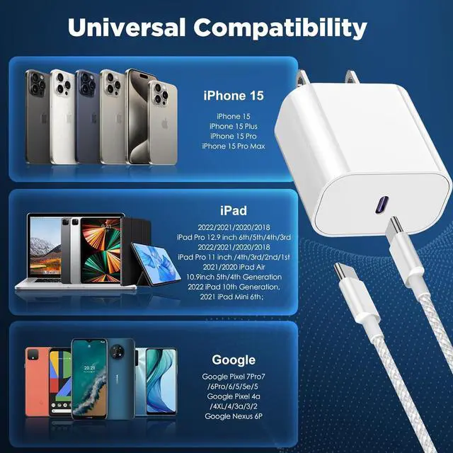 Alt view image 3 of 7 - iPhone 15 Fast Charger,20W USB C Wall Charger Block & [3+6+10ft]USB-C to USBC Cable Cord Fast Charging for iPhone15/15 Plus/15 Pro/15 Pro Max/iPad Pro/Mini/Air/Air4/AirPods and More