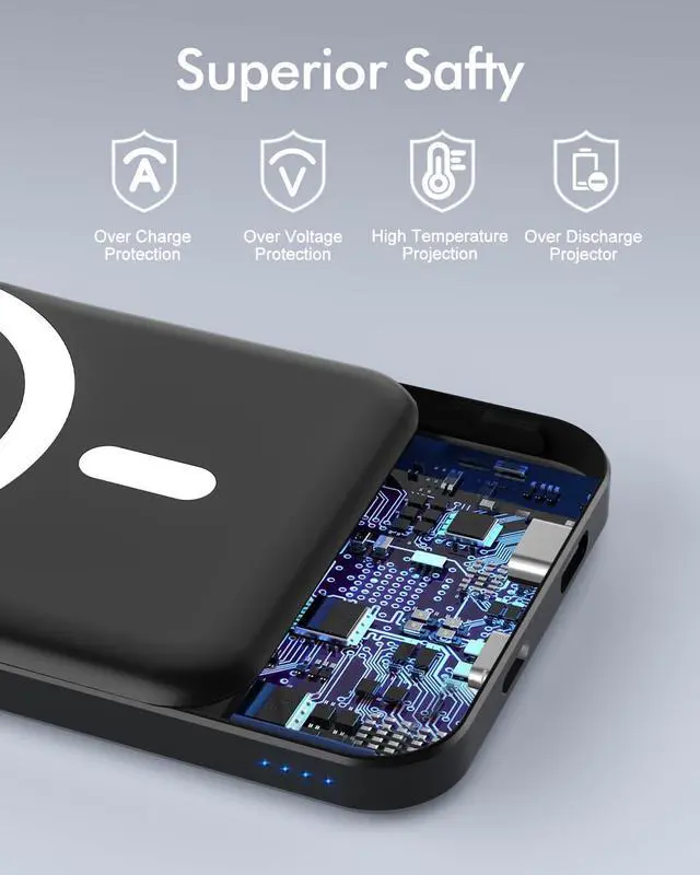 Alt view image 7 of 7 - for Magsafe Battery Pack 5000mAh Magnetic Power Bank with Type-C Cable 20W PD Fast Charging Lighting Input Wireless Portable Charger for iPhone 16/15/14/13/12/ All Series-Black