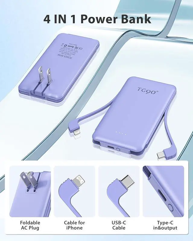 Alt view image 7 of 7 - TG90° Portable Phone Charger Ultra Mini Power Bank with Built-in Foldable AC Wall Plug and Cables,5000mAh External Battery Pack Compatible with iPhone and Android Smart Devices