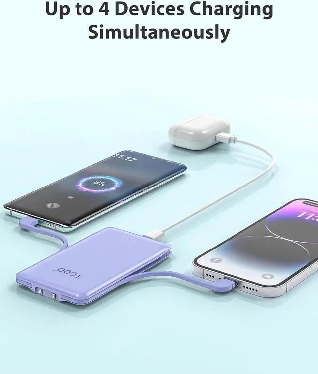 Alt view image 5 of 7 - TG90° Portable Phone Charger Ultra Mini Power Bank with Built-in Foldable AC Wall Plug and Cables,5000mAh External Battery Pack Compatible with iPhone and Android Smart Devices