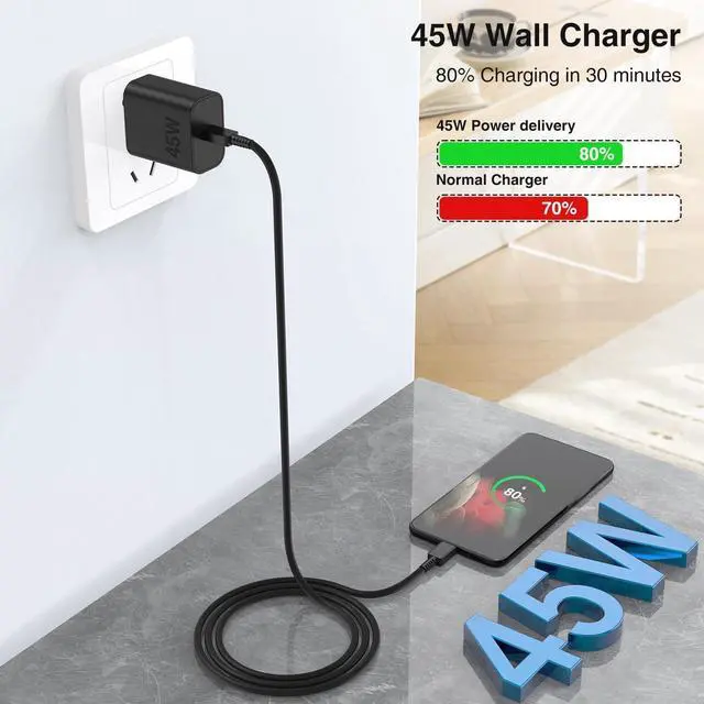 Alt view image 2 of 7 - 2Pack 45W Super Fast Charging Block and USB C to C Cable 10ft,Type C Wall Charging Power Adapter and Android Phone Charger Cord Long for Samsung Galaxy S24+/S23 Ultra/S23+/S22/S21/Note 10/Note20 Plus